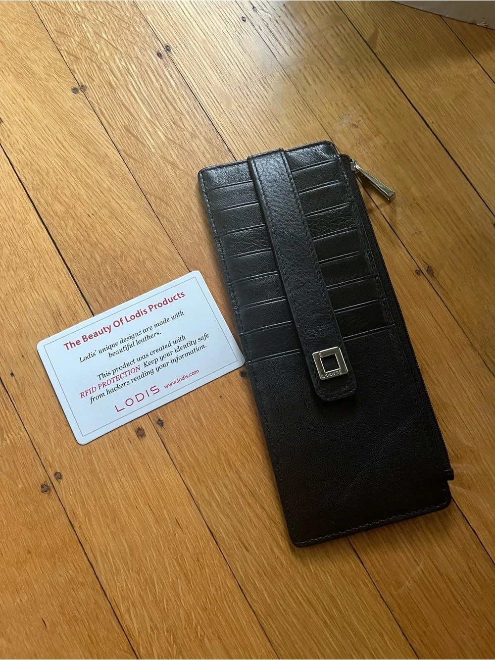 Lodis Black Leather Zip Wallet with Card Strap